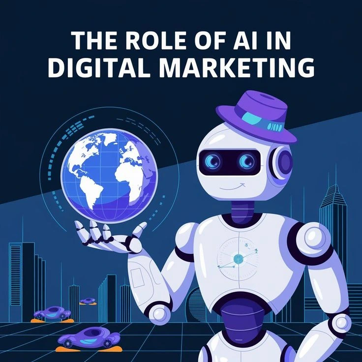 Futuristic robot holding a digital globe symbolizing the role of artificial intelligence in modern digital marketing.