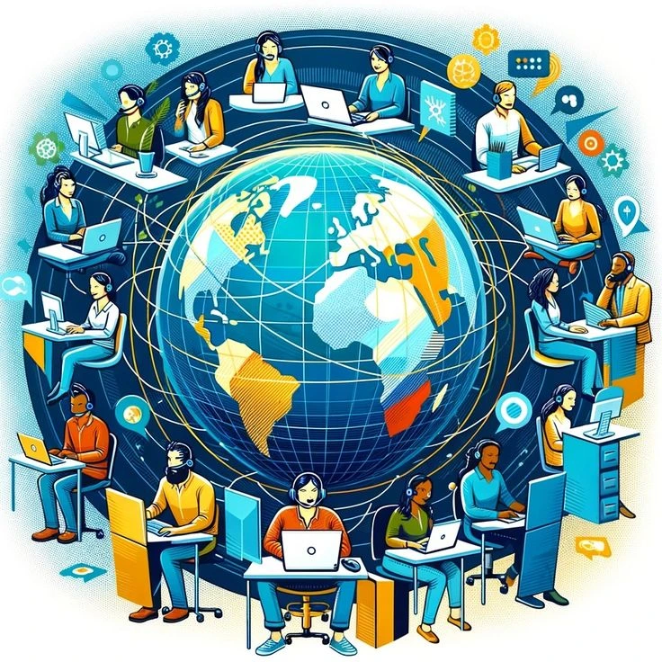 Global network of professionals collaborating remotely through technology, symbolizing offshore software development and digital teamwork.