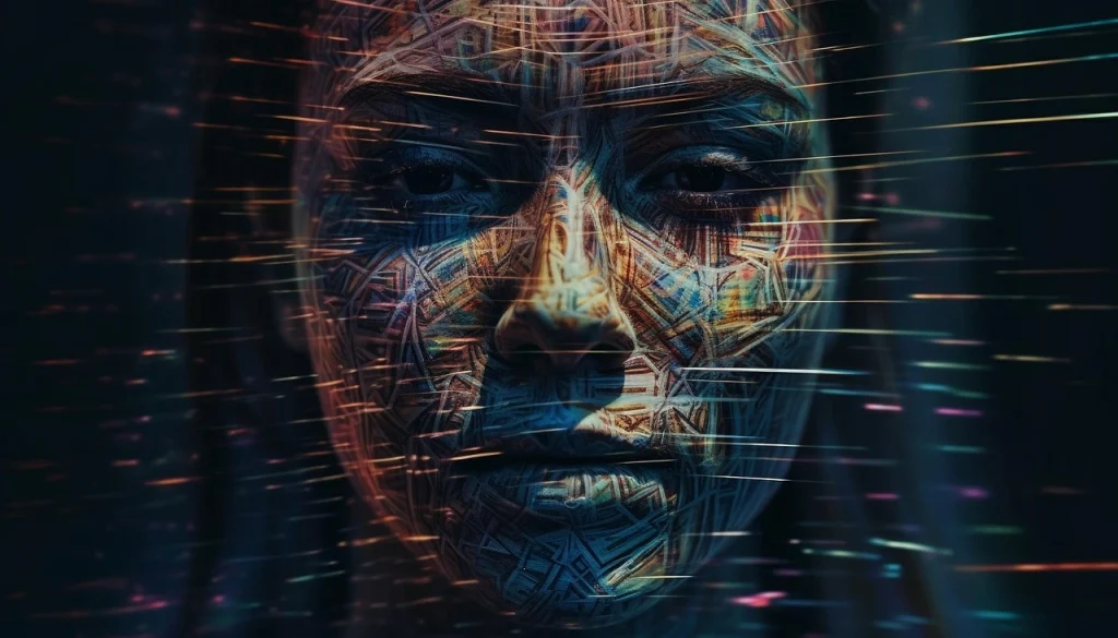 Abstract digital face with intricate circuit-like patterns symbolizing artificial intelligence and data visualization.