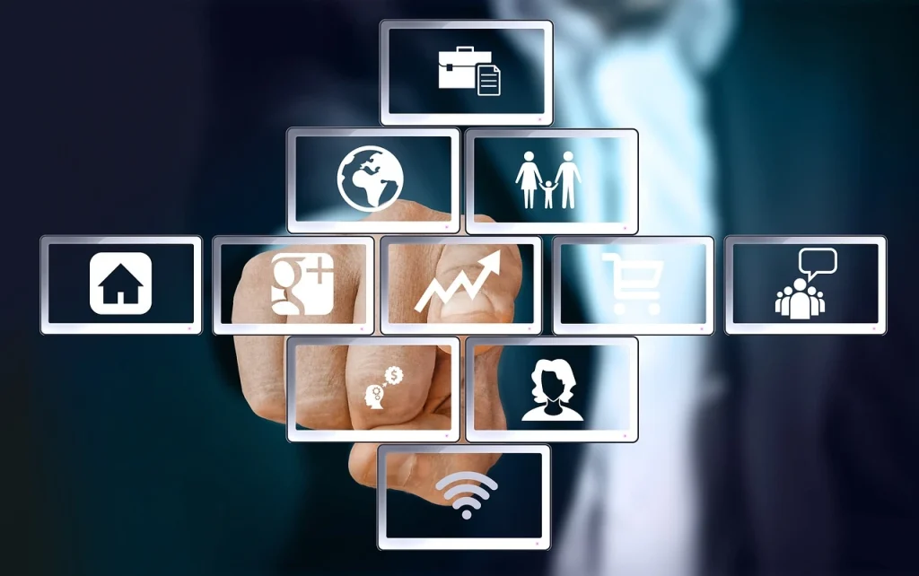 Finger pressing digital icons of global business, finance, and technology on virtual screen