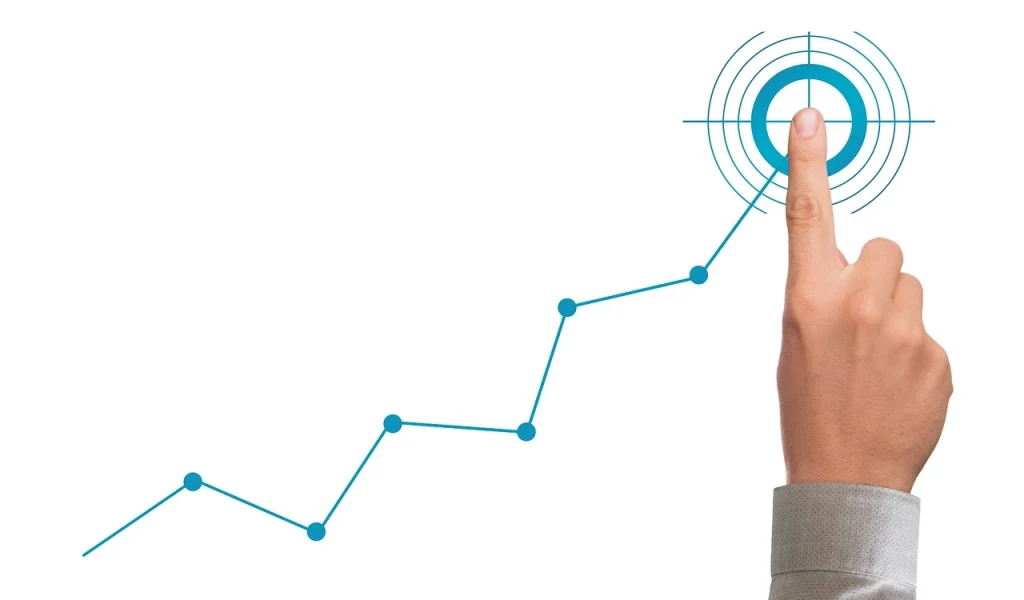 Hand touching digital growth chart with rising line representing business success and goal achievement