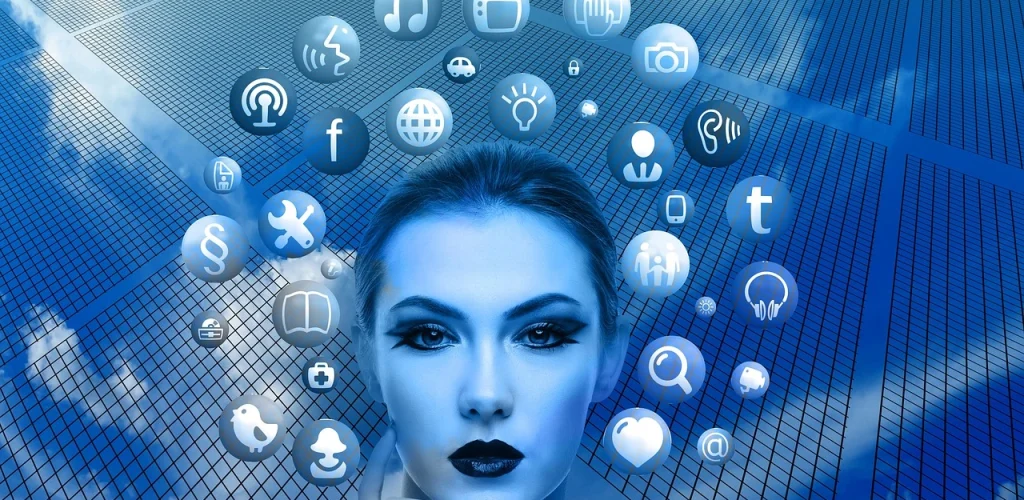 Digital woman surrounded by social media and communication icons representing online presence and digital marketing